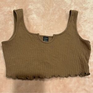 SHEIN Brown Ribbed Crop Top with Lettuce Edge Hem & Notch Neckline Size XS